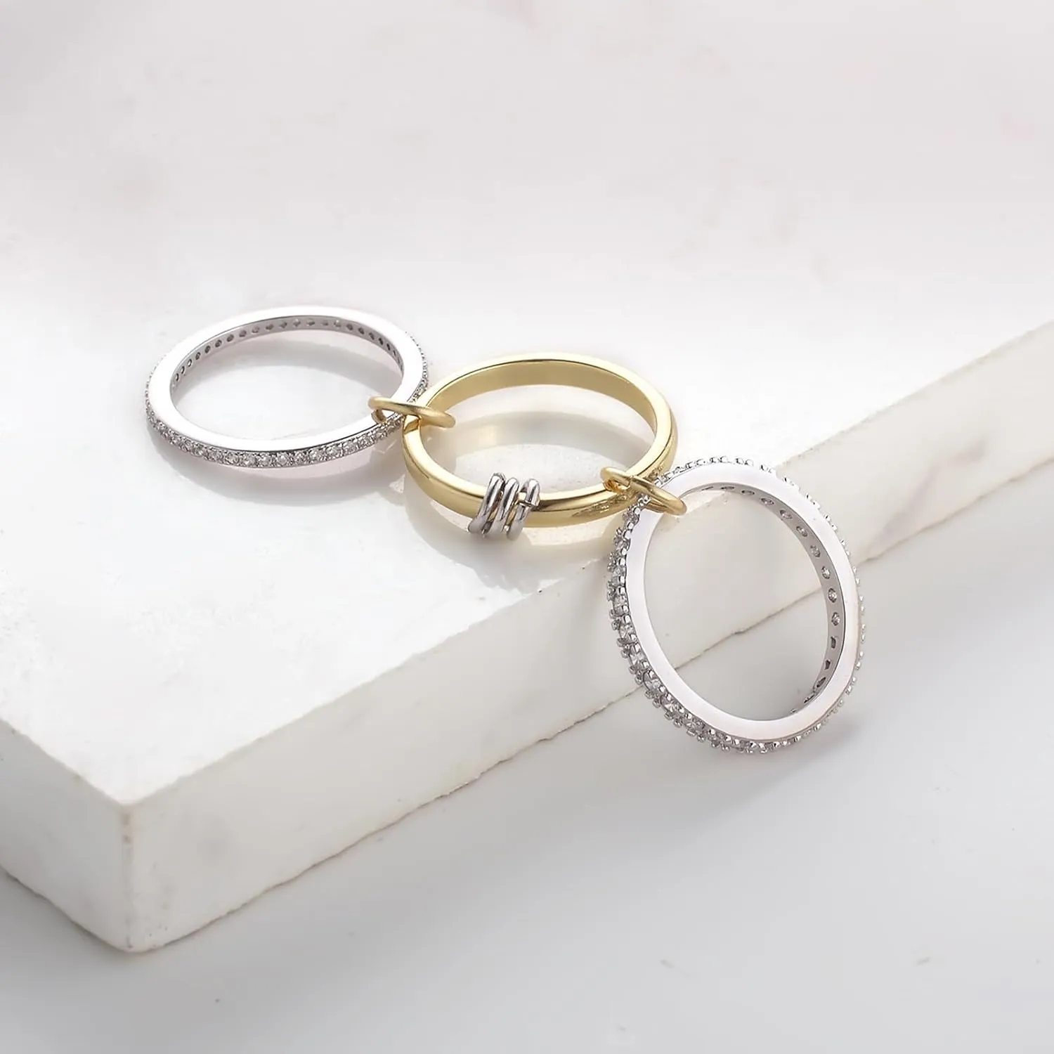 Stackable Rings for Women Gold Non Tarnish, 18k Gold Plated 3 Rings Set with CZ Cubic Zirconia Band, Silver and Gold Rings Set for Women Dainty Bands