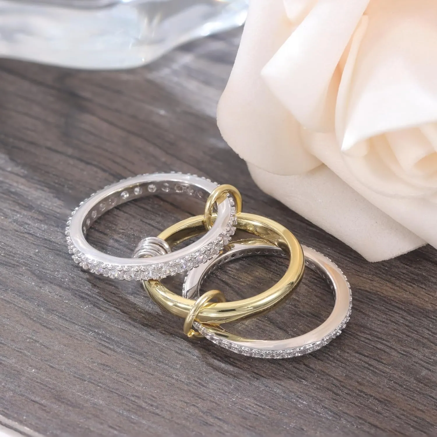 Stackable Rings for Women Gold Non Tarnish, 18k Gold Plated 3 Rings Set with CZ Cubic Zirconia Band, Silver and Gold Rings Set for Women Dainty Bands