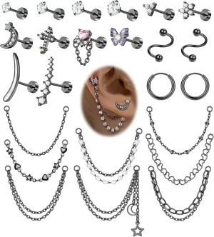 Stainless Steel Stud Earrings For Women Men 20G Cartilage Earrings Set Flat Back Earrings CZ Stud Earrings Small Hoop Earring Chain Dangle Cartilage Helix Tragus Piercing Jewelry