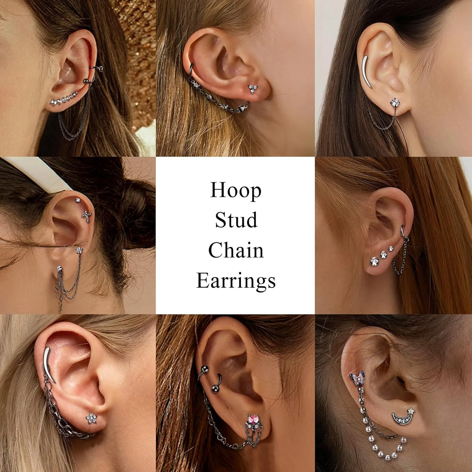 Stainless Steel Stud Earrings For Women Men 20G Cartilage Earrings Set Flat Back Earrings CZ Stud Earrings Small Hoop Earring Chain Dangle Cartilage Helix Tragus Piercing Jewelry