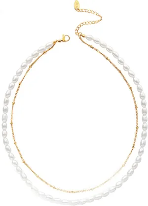 Stainless Steel Womens Chain Necklaces, Gold White Womens Necklace Double Layer Pearl Chain Necklaces 42cm