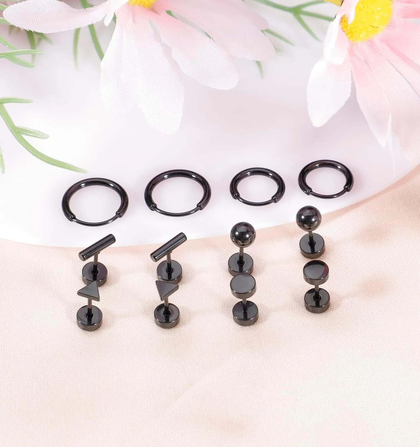 Staligue 6 Pairs Titanium Earrings for Women Men G23 Pure Titanium Earrings for Sensitive Ears Ball Dot Triangle 20G hypoallergenic Titanium Earrings Sets for Multiple Piercing Nap Flat Back Earrings Set