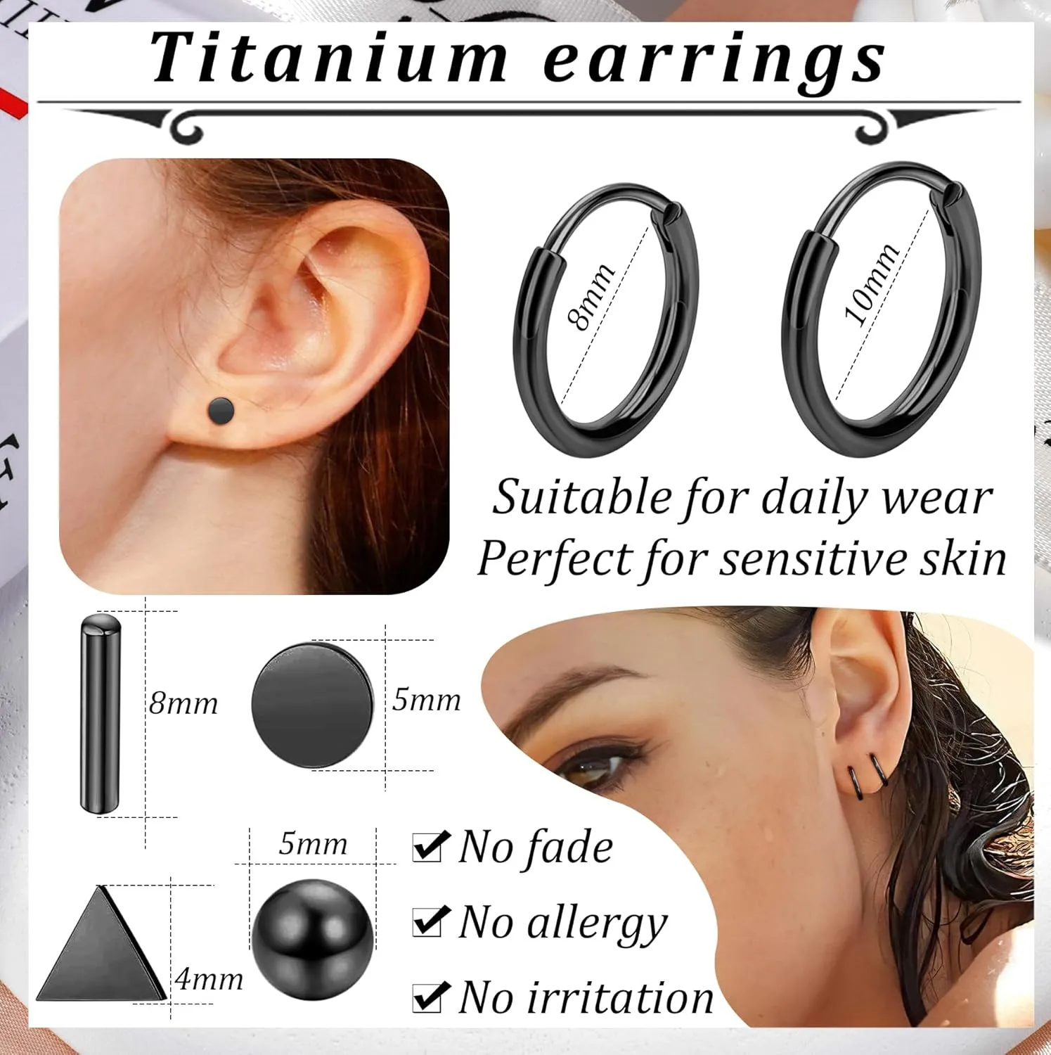 Staligue 6 Pairs Titanium Earrings for Women Men G23 Pure Titanium Earrings for Sensitive Ears Ball Dot Triangle 20G hypoallergenic Titanium Earrings Sets for Multiple Piercing Nap Flat Back Earrings Set