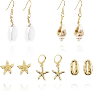 Starfish Gold Mermaid Seashell Dangle Earrings Set - Boho Shell Summer Beach Earrings With Pearl Studs