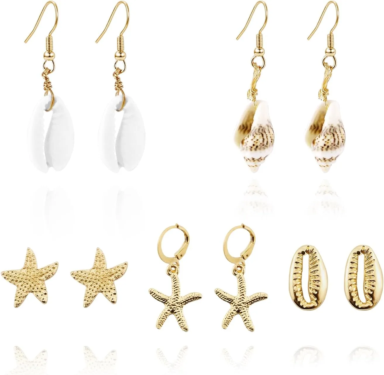 Starfish Gold Mermaid Seashell Dangle Earrings Set - Boho Shell Summer Beach Earrings With Pearl Studs