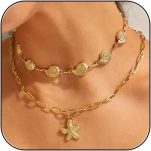 Starfish Necklace Gold Starfish Charm Necklaces Boho Layered Conch Turtles Sea Shell Necklaces Summer Beach Jewelry for Women