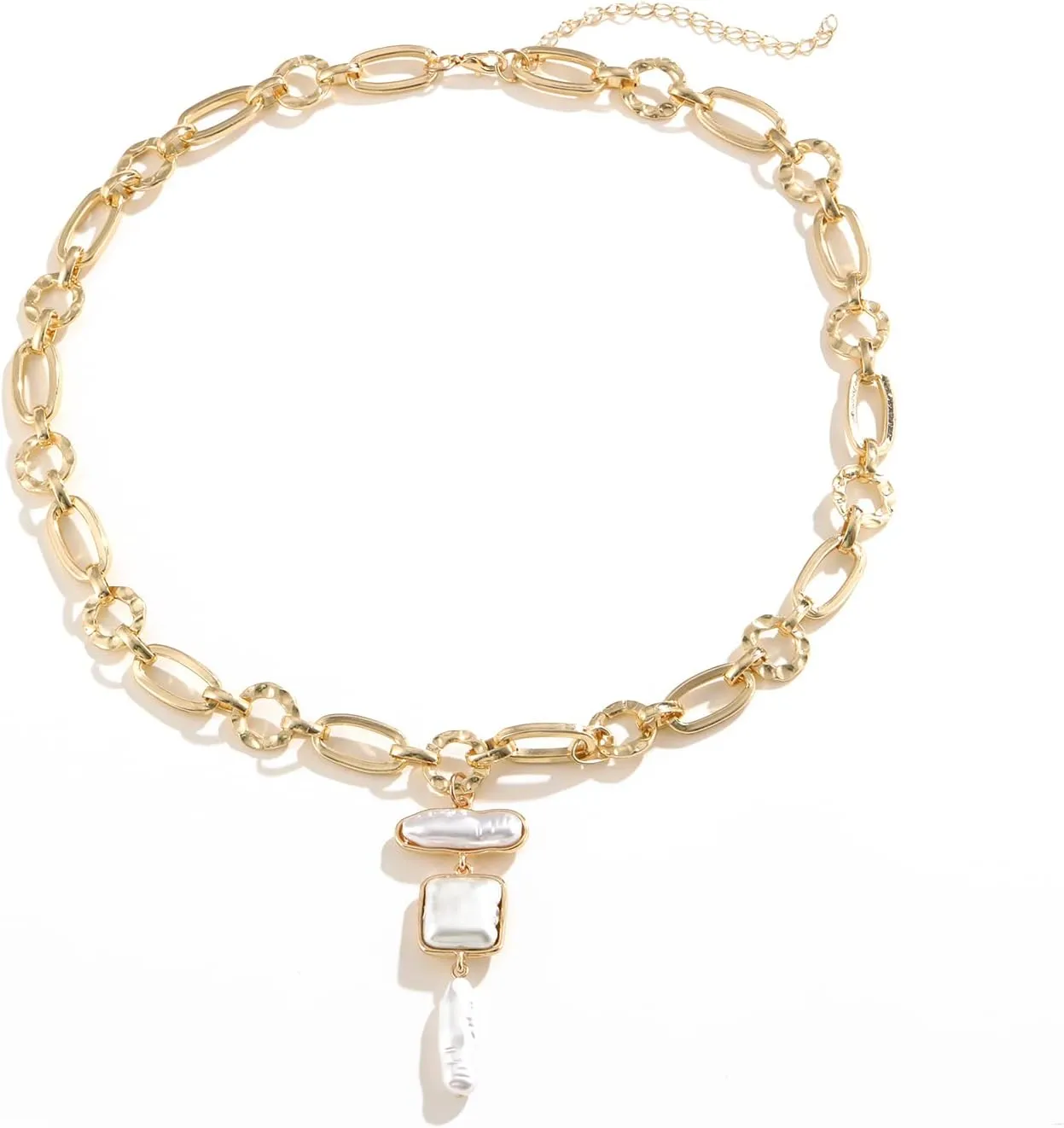 Statement Pearl and Chain Necklace,Mixed Chain and Trendy Organic Pearl Choker,Chunky Necklaces for Women