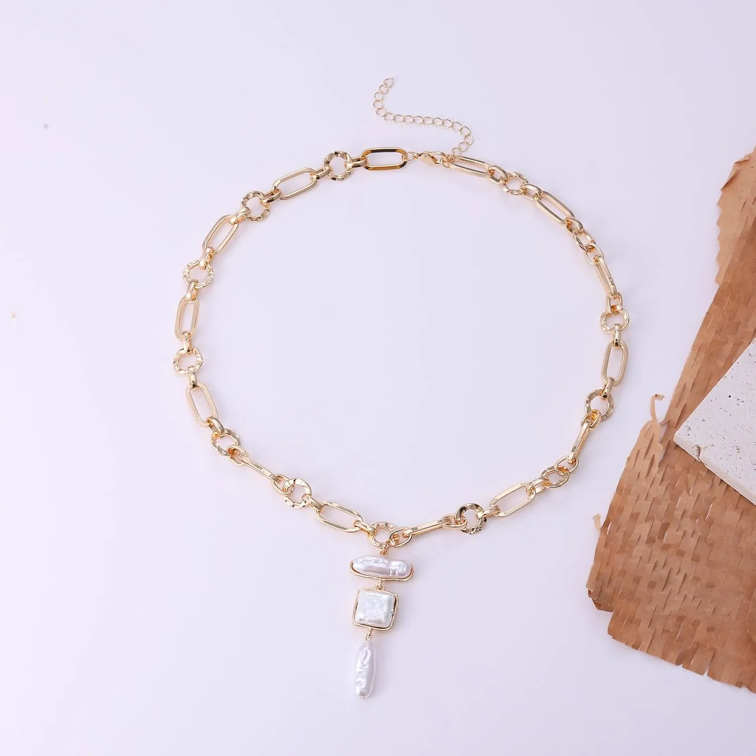 Statement Pearl and Chain Necklace,Mixed Chain and Trendy Organic Pearl Choker,Chunky Necklaces for Women