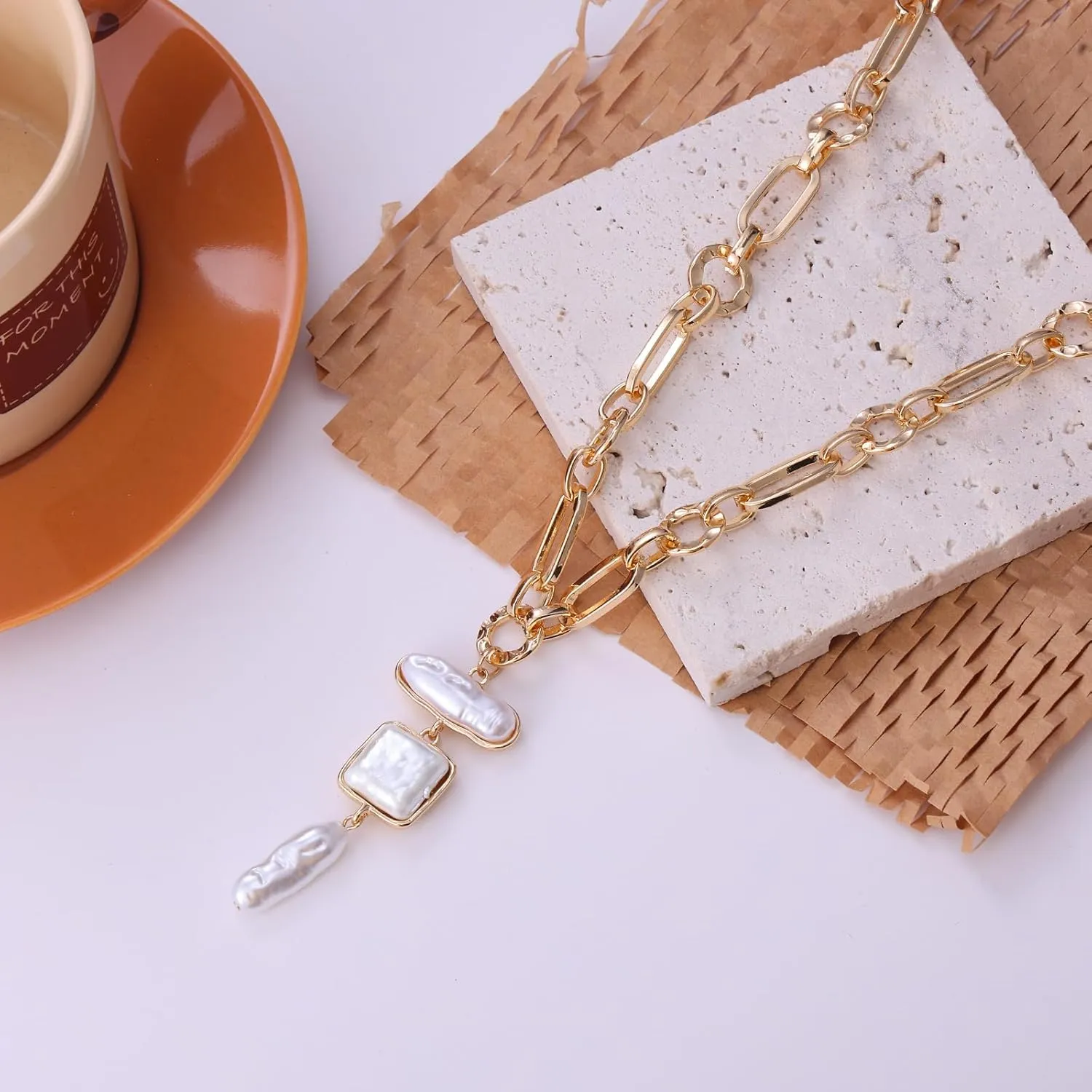 Statement Pearl and Chain Necklace,Mixed Chain and Trendy Organic Pearl Choker,Chunky Necklaces for Women