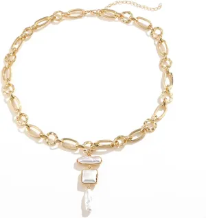 Statement Pearl and Chain Necklace,Mixed Chain and Trendy Organic Pearl Choker,Chunky Necklaces for Women