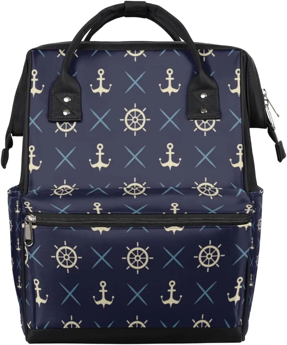 Steering Wheels Anchors Pattern Diaper Bag Tote Large Capacity Waterproof with Adjustable Shoulder Strap and Pram Straps Mommy Bag for Hospital Beach Weekender Travel