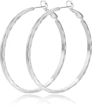 Sterling Silver Hoop Earrings - Diamond-Cut Circle Hoops, Hypoallergenic, 3mm Thin, Oversize 20/30/40/50/60mm