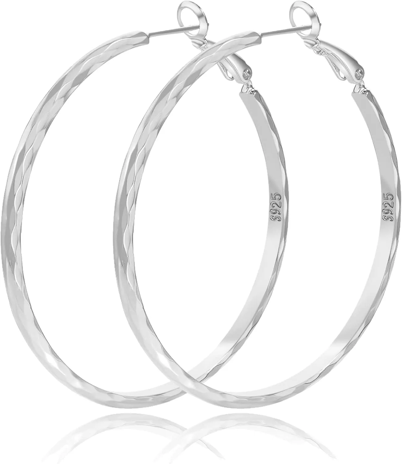 Sterling Silver Hoop Earrings - Diamond-Cut Circle Hoops, Hypoallergenic, 3mm Thin, Oversize 20/30/40/50/60mm