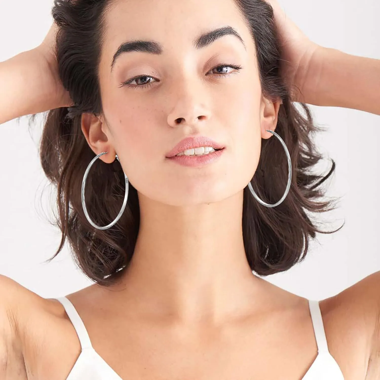 Sterling Silver Hoop Earrings - Diamond-Cut Circle Hoops, Hypoallergenic, 3mm Thin, Oversize 20/30/40/50/60mm