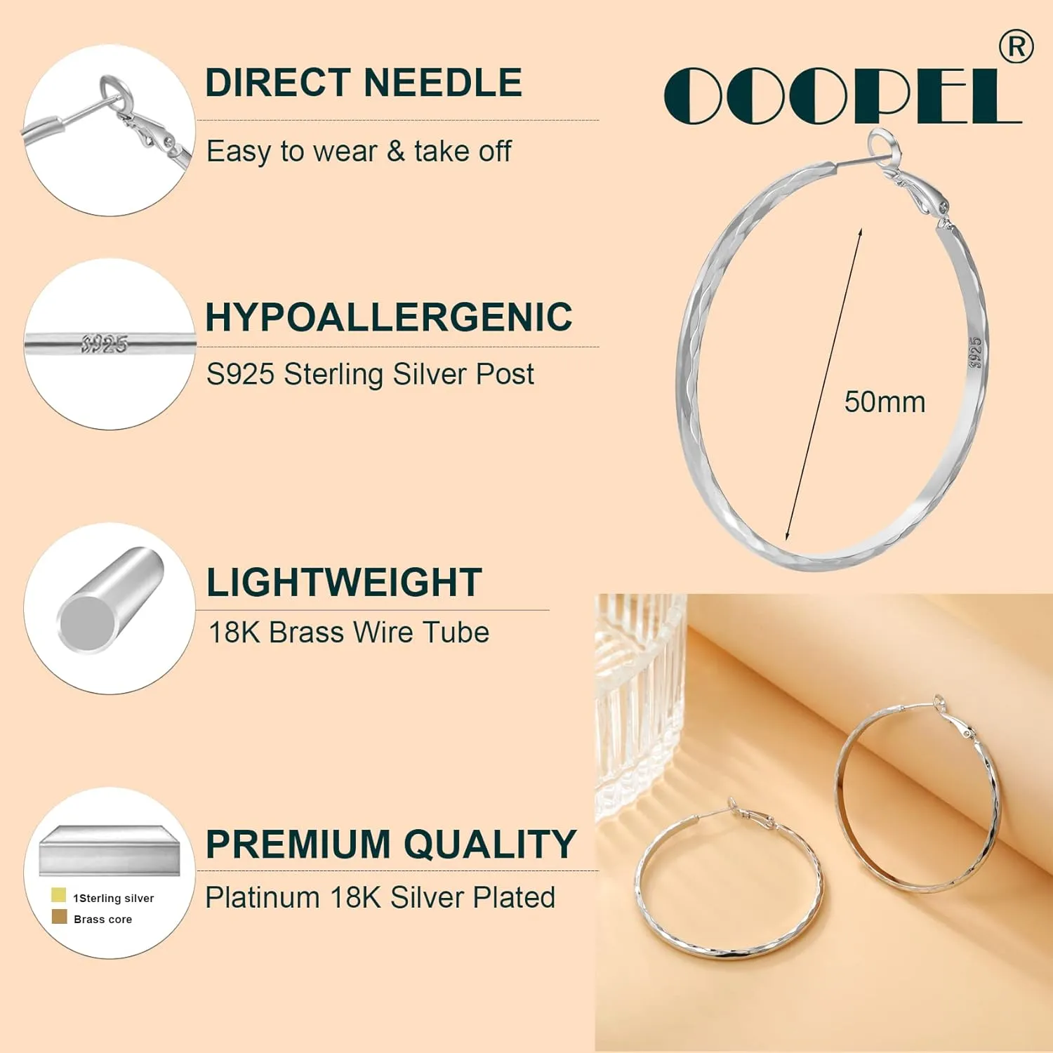 Sterling Silver Hoop Earrings - Diamond-Cut Circle Hoops, Hypoallergenic, 3mm Thin, Oversize 20/30/40/50/60mm