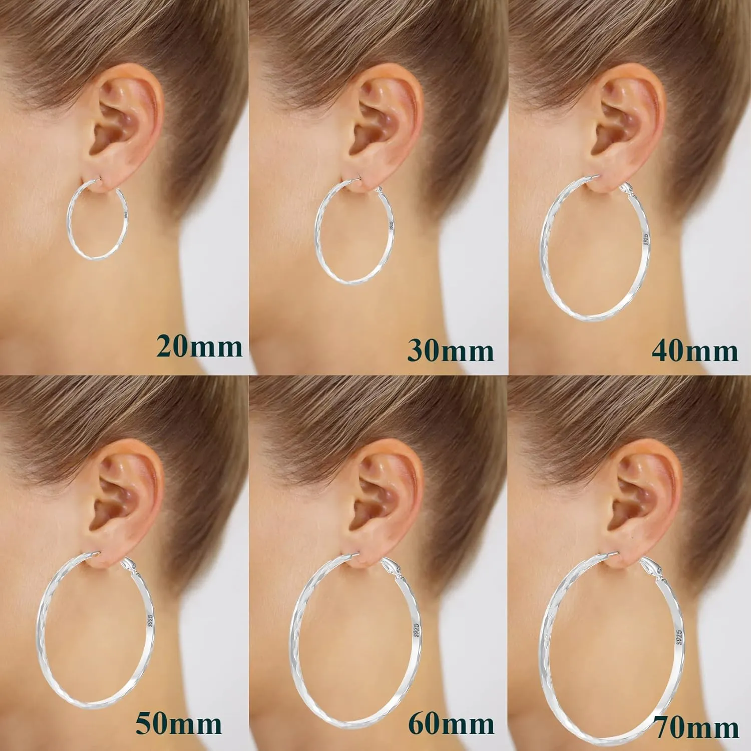 Sterling Silver Hoop Earrings - Diamond-Cut Circle Hoops, Hypoallergenic, 3mm Thin, Oversize 20/30/40/50/60mm