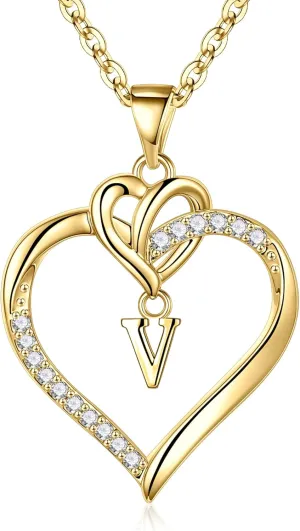 STORUP Graduation Gifts for Her - Heart Initial Necklaces for Women Girls, 14K Gold Plated Cubic Zirconia Heart Initial A-Z Pendant Necklace Dainty Heart Necklaces for Women Jewelry Birthday Gifts