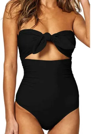 Strapless Swimsuits for Women One Piece High Waisted Bandeau Cutout Sexy Bathing Suits Beachwear Knot Front Solid Swimwear