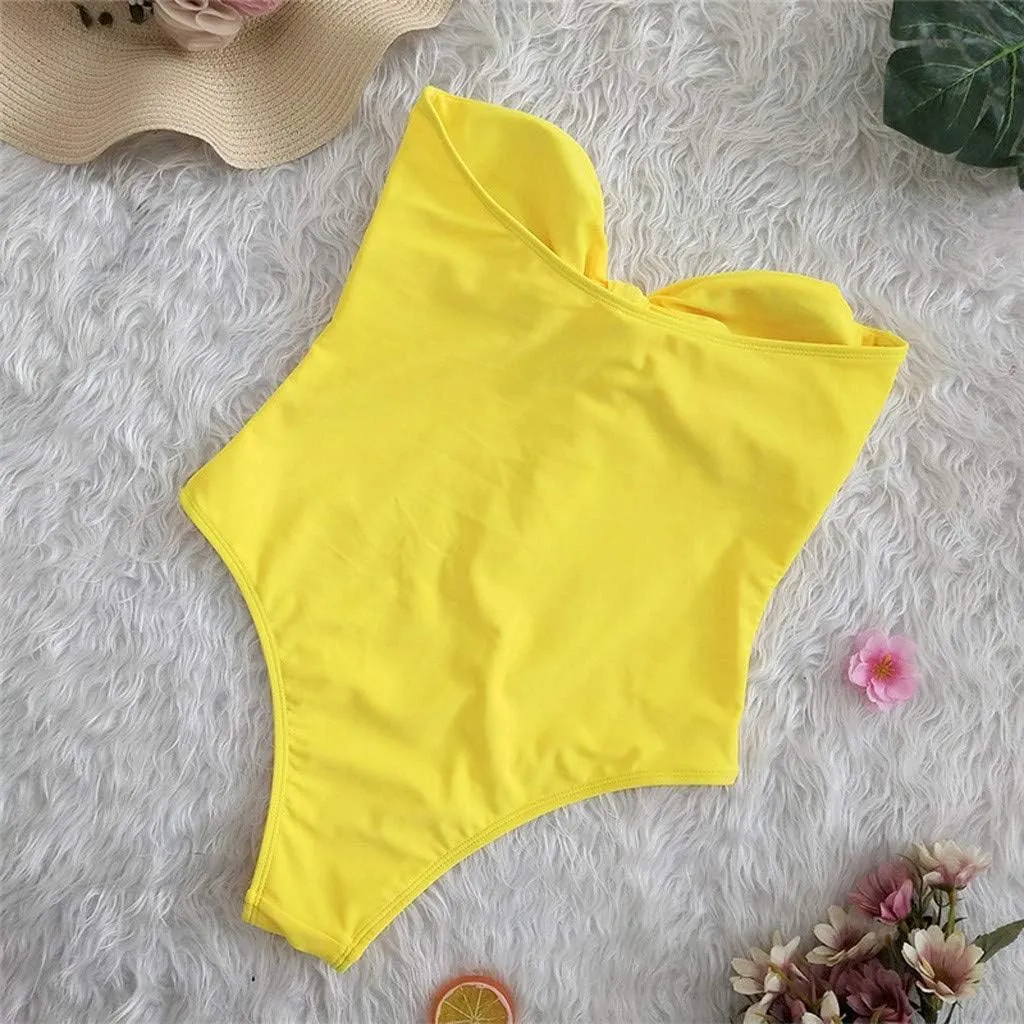 Strapless Swimsuits for Women One Piece High Waisted Bandeau Cutout Sexy Bathing Suits Beachwear Knot Front Solid Swimwear