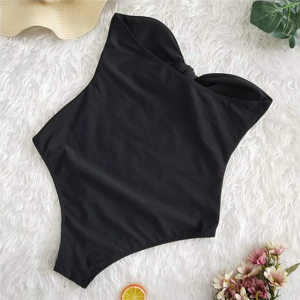 Strapless Swimsuits for Women One Piece High Waisted Bandeau Cutout Sexy Bathing Suits Beachwear Knot Front Solid Swimwear