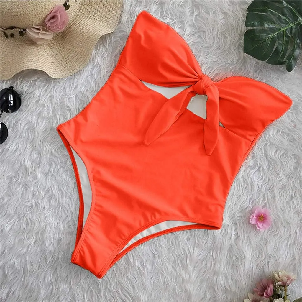 Strapless Swimsuits for Women One Piece High Waisted Bandeau Cutout Sexy Bathing Suits Beachwear Knot Front Solid Swimwear