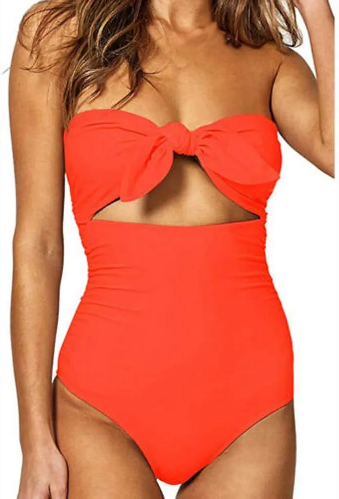 Strapless Swimsuits for Women One Piece High Waisted Bandeau Cutout Sexy Bathing Suits Beachwear Knot Front Solid Swimwear
