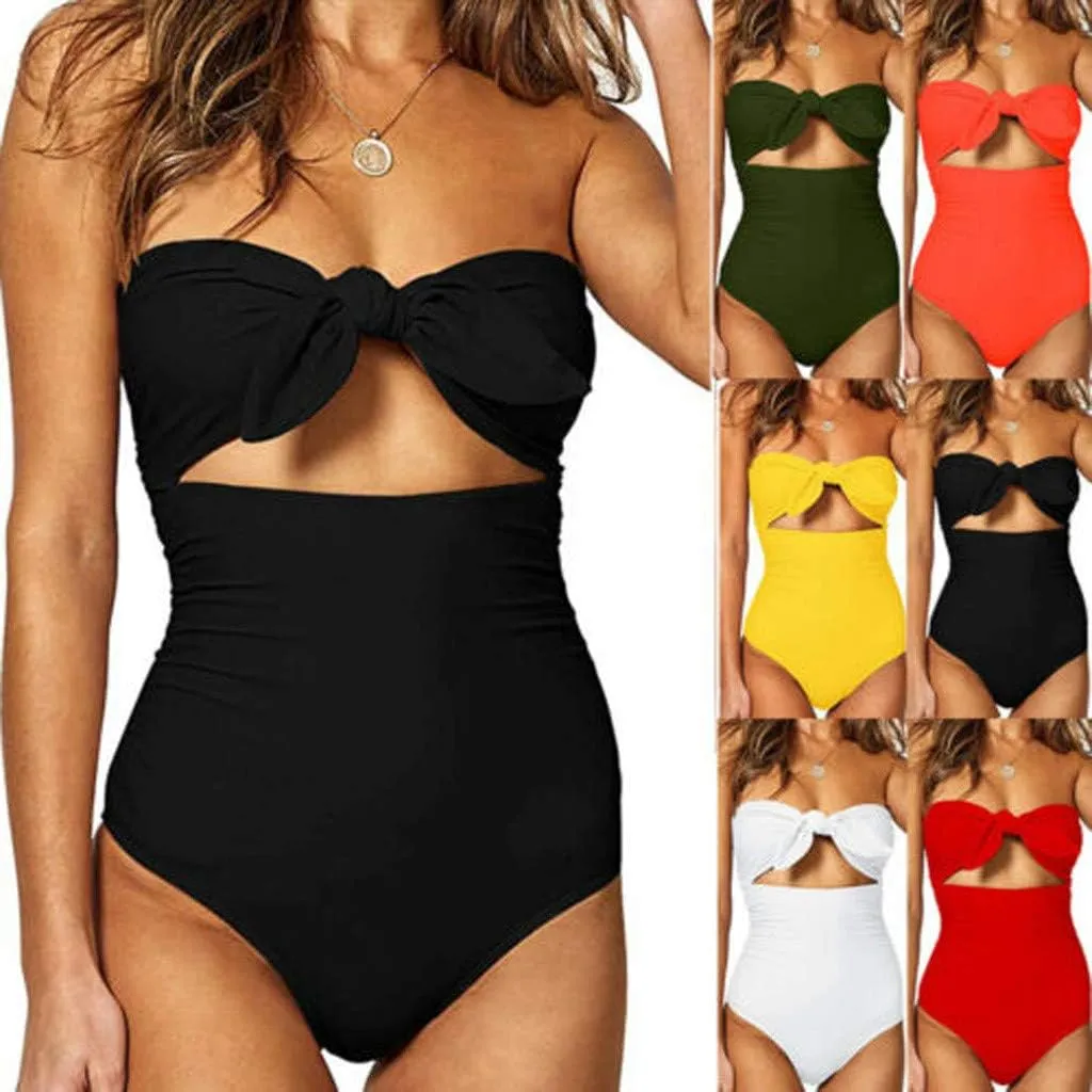 Strapless Swimsuits for Women One Piece High Waisted Bandeau Cutout Sexy Bathing Suits Beachwear Knot Front Solid Swimwear