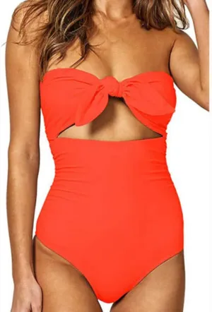 Strapless Swimsuits for Women One Piece High Waisted Bandeau Cutout Sexy Bathing Suits Beachwear Knot Front Solid Swimwear