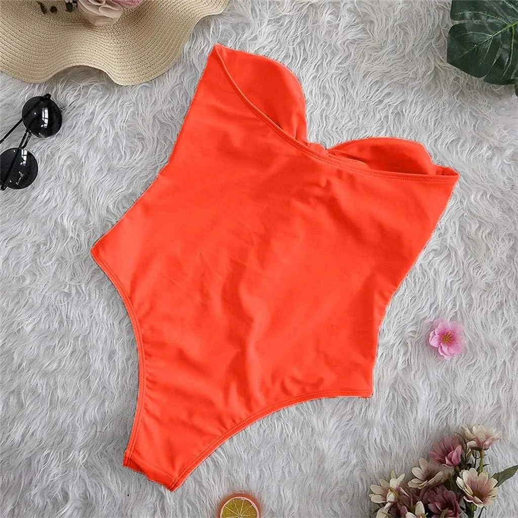 Strapless Swimsuits for Women One Piece High Waisted Bandeau Cutout Sexy Bathing Suits Beachwear Knot Front Solid Swimwear