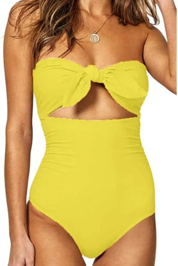 Strapless Swimsuits for Women One Piece High Waisted Bandeau Cutout Sexy Bathing Suits Beachwear Knot Front Solid Swimwear