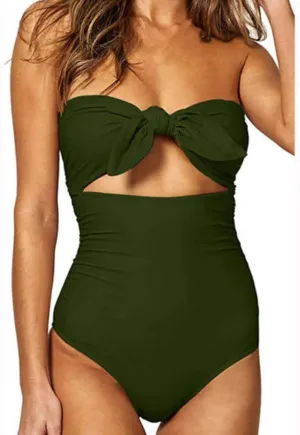 Strapless Swimsuits for Women One Piece High Waisted Bandeau Cutout Sexy Bathing Suits Beachwear Knot Front Solid Swimwear