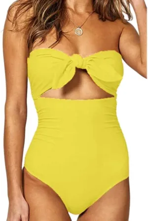 Strapless Swimsuits for Women One Piece High Waisted Bandeau Cutout Sexy Bathing Suits Beachwear Knot Front Solid Swimwear