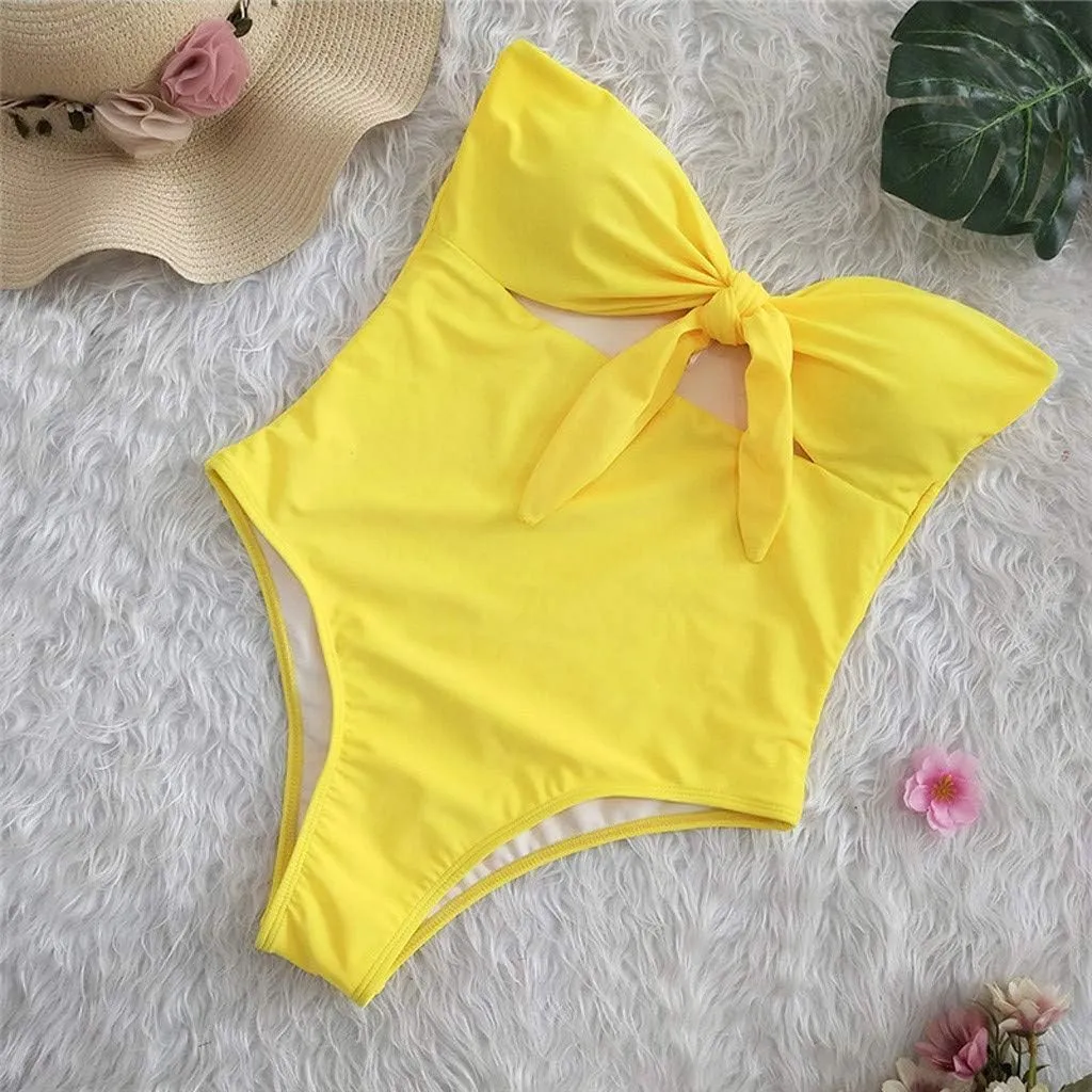 Strapless Swimsuits for Women One Piece High Waisted Bandeau Cutout Sexy Bathing Suits Beachwear Knot Front Solid Swimwear