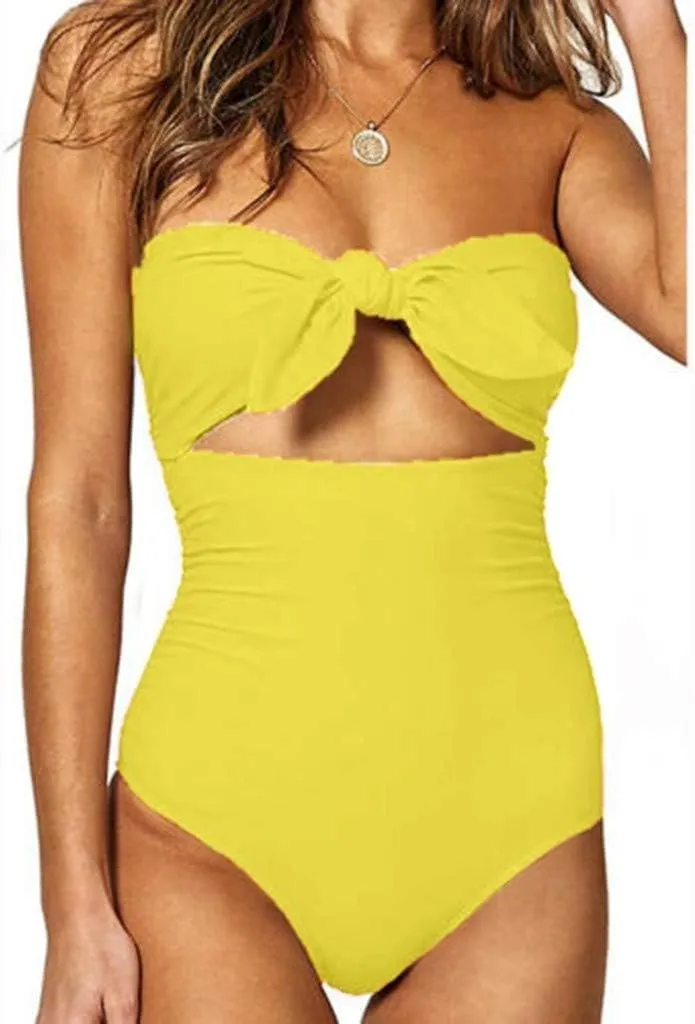 Strapless Swimsuits for Women One Piece High Waisted Bandeau Cutout Sexy Bathing Suits Beachwear Knot Front Solid Swimwear