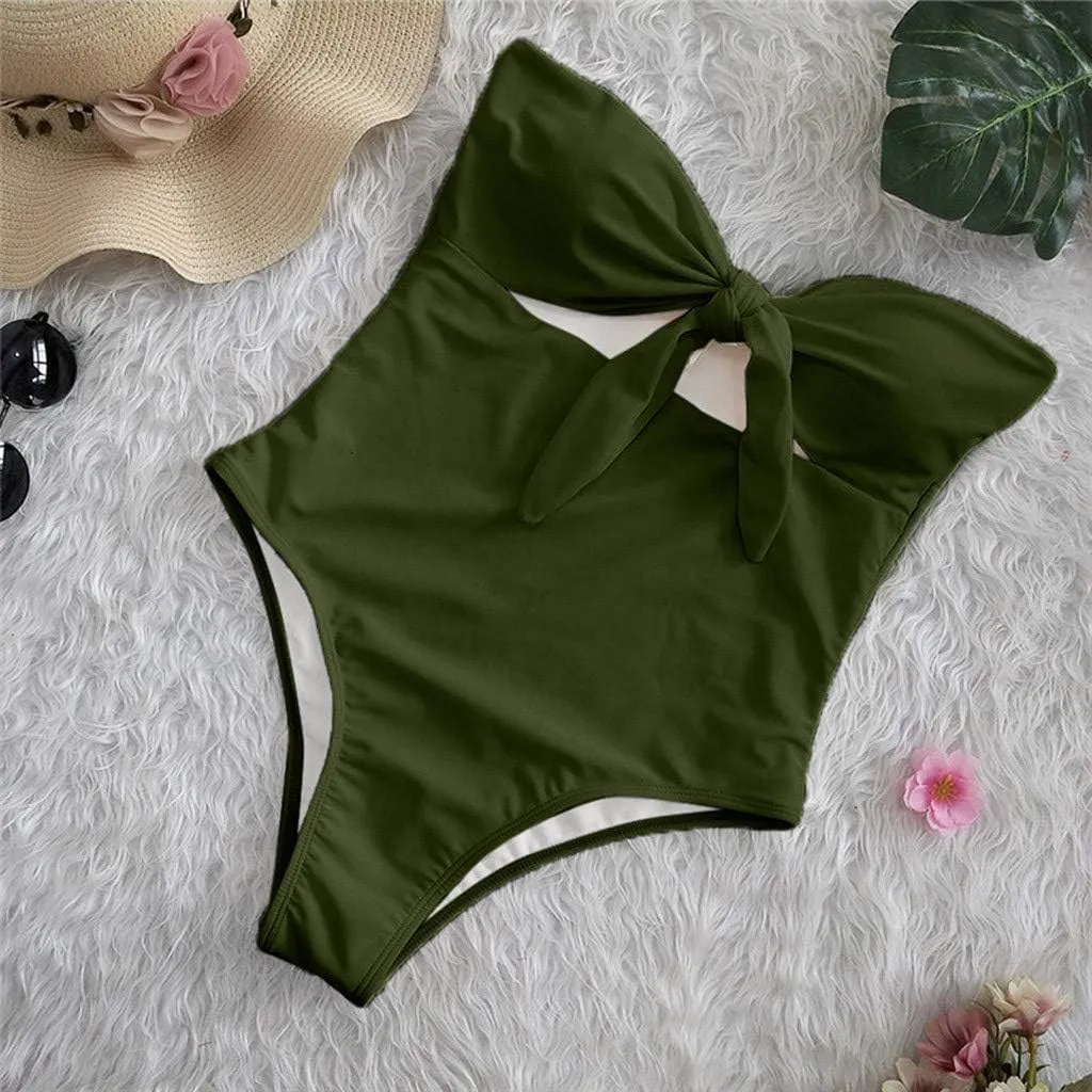 Strapless Swimsuits for Women One Piece High Waisted Bandeau Cutout Sexy Bathing Suits Beachwear Knot Front Solid Swimwear