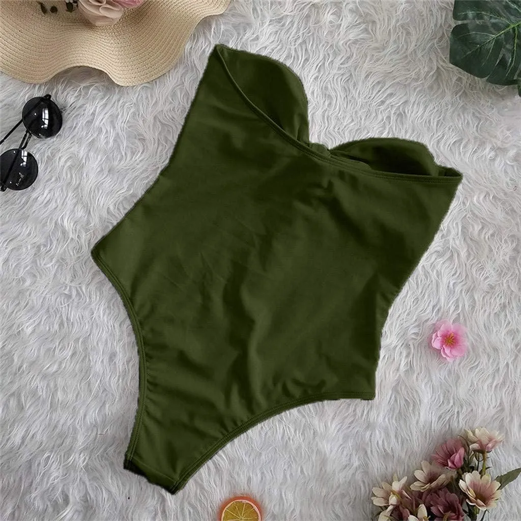 Strapless Swimsuits for Women One Piece High Waisted Bandeau Cutout Sexy Bathing Suits Beachwear Knot Front Solid Swimwear