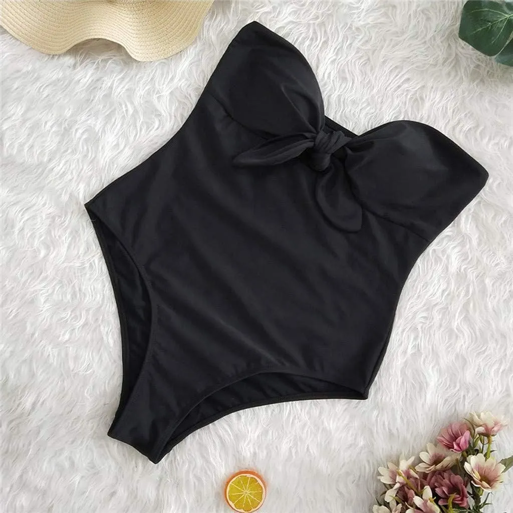 Strapless Swimsuits for Women One Piece High Waisted Bandeau Cutout Sexy Bathing Suits Beachwear Knot Front Solid Swimwear