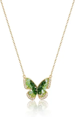 Stunning Green Crystal Butterfly Pendant Necklace, 18K Gold Plated Brass, Fairy-Inspired, Elegant Gold Necklace for Women