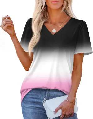 Summer T Shirts Short Sleeve V Neck Tees Womens Tops Beach Vacation Fashion Clothes 2025 Casual Outfits