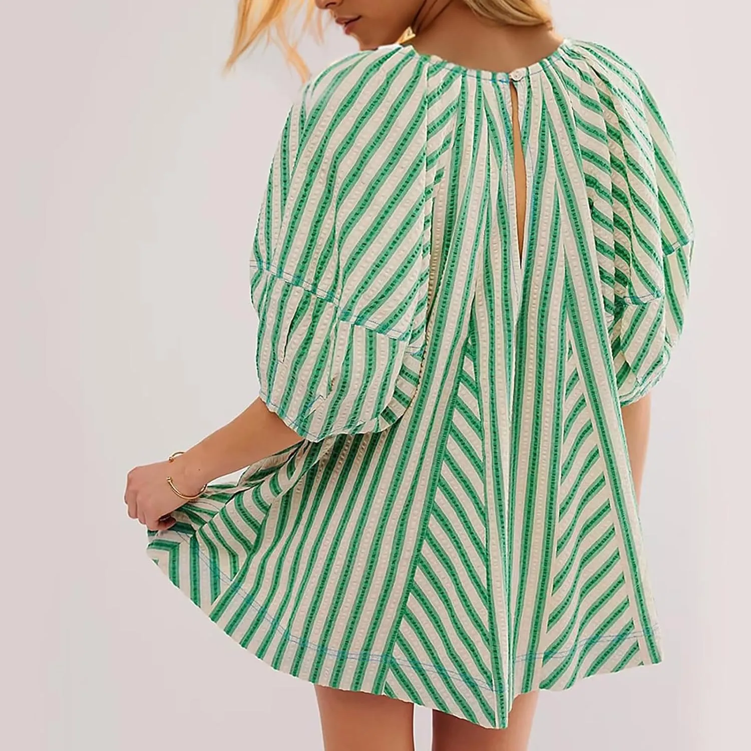 Summer Tshirt Romper for Women Casual Striped Romper Puff Short Sleeve Wide Leg Oversized Romper With Pockets