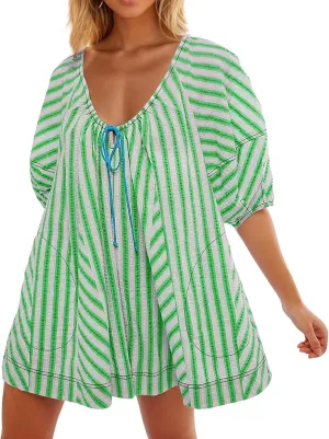 Summer Tshirt Romper for Women Casual Striped Romper Puff Short Sleeve Wide Leg Oversized Romper With Pockets