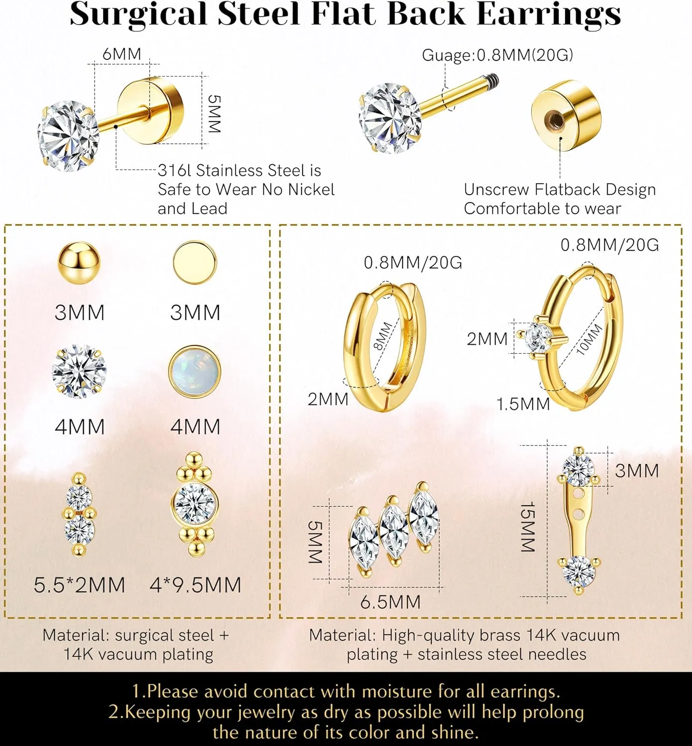 Surgical Steel Flat Back Earrings for Women Trendy,20G Flat Back Stud Earrings and Small Gold Hoop Huggies Earrings Sets for Multiple Piercing Hypoallergenic Gold Cartilage Earrings Stack Jewelry