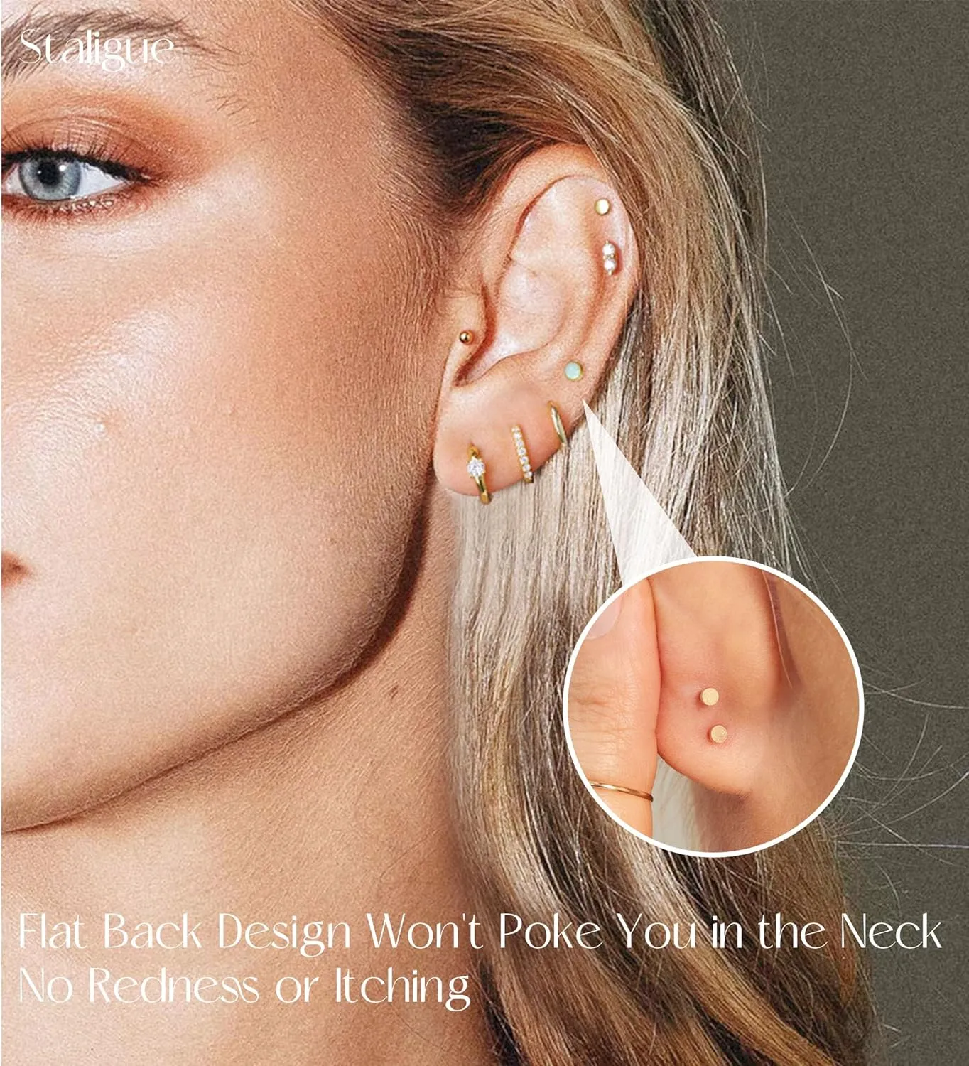 Surgical Steel Flat Back Earrings for Women Trendy,20G Flat Back Stud Earrings and Small Gold Hoop Huggies Earrings Sets for Multiple Piercing Hypoallergenic Gold Cartilage Earrings Stack Jewelry