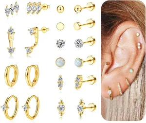 Surgical Steel Flat Back Earrings for Women Trendy,20G Flat Back Stud Earrings and Small Gold Hoop Huggies Earrings Sets for Multiple Piercing Hypoallergenic Gold Cartilage Earrings Stack Jewelry