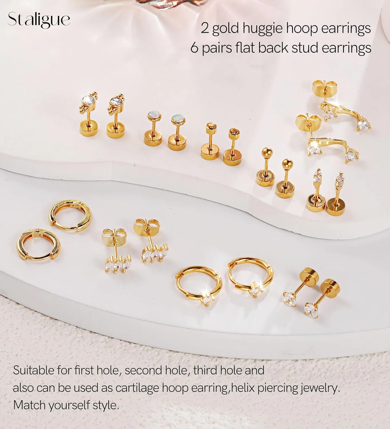 Surgical Steel Flat Back Earrings for Women Trendy,20G Flat Back Stud Earrings and Small Gold Hoop Huggies Earrings Sets for Multiple Piercing Hypoallergenic Gold Cartilage Earrings Stack Jewelry