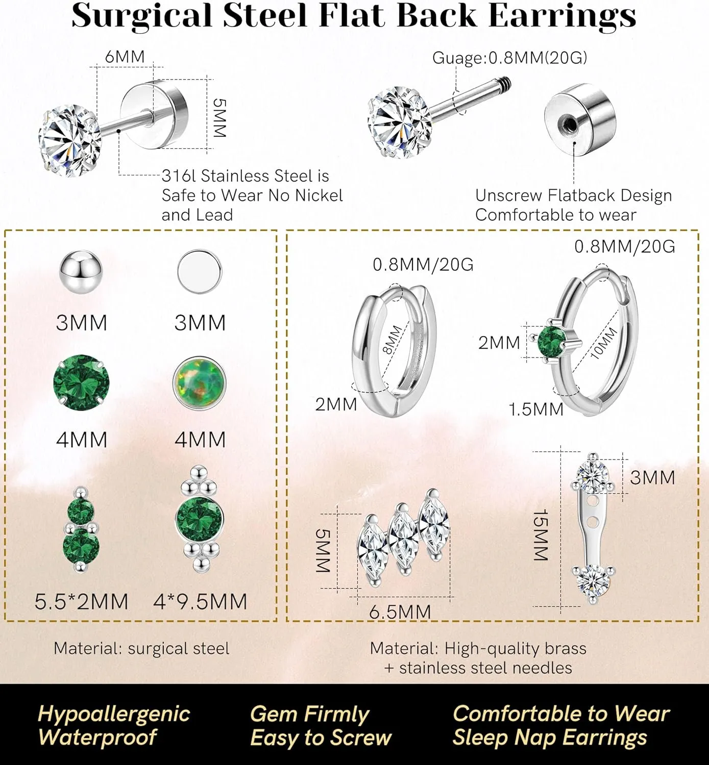 Surgical Steel Flat Back Earrings for Women Trendy,20G Flat Back Stud Earrings and Small Gold Hoop Huggies Earrings Sets for Multiple Piercing Hypoallergenic Gold Cartilage Earrings Stack Jewelry