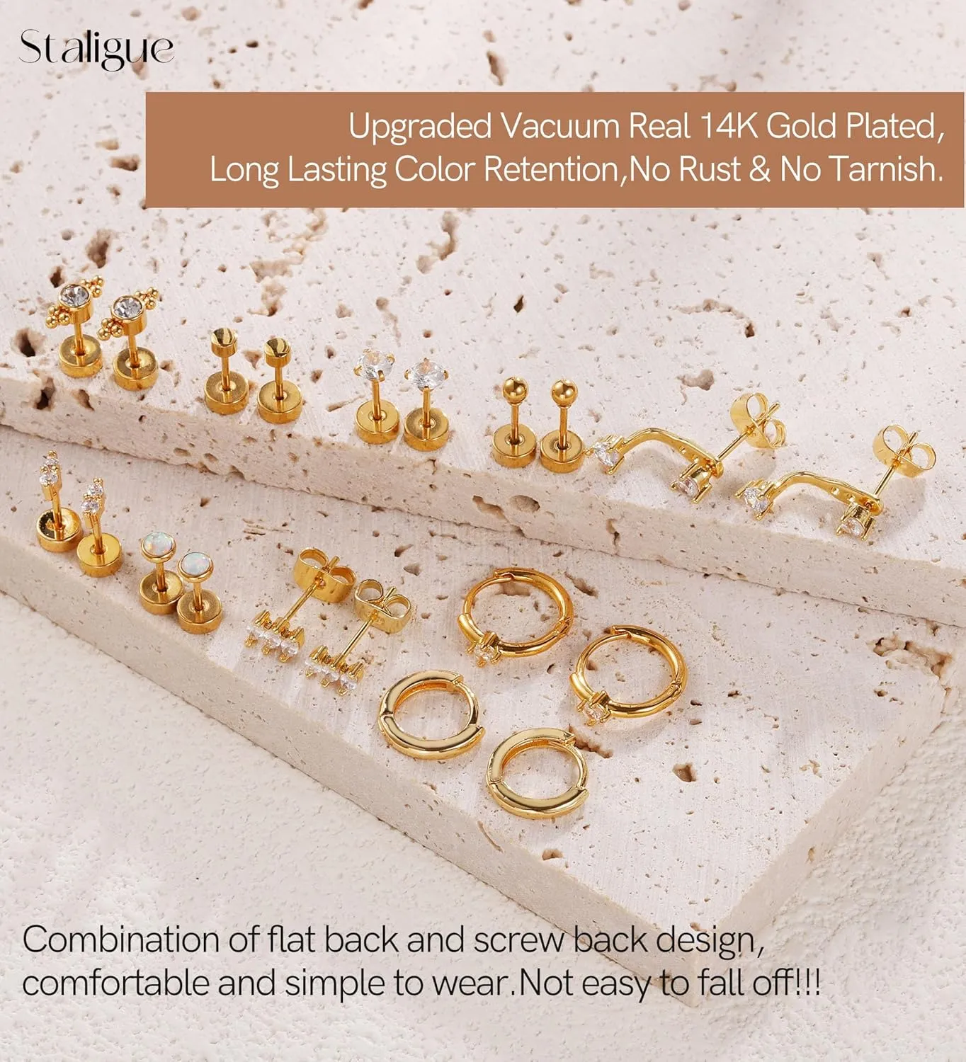 Surgical Steel Flat Back Earrings for Women Trendy,20G Flat Back Stud Earrings and Small Gold Hoop Huggies Earrings Sets for Multiple Piercing Hypoallergenic Gold Cartilage Earrings Stack Jewelry