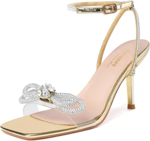 Susanny Women's Closed Toe Rhinstone Wedding Low Heel Slingback Clear Kitten Heels,Adjustable Strap Pointed Toe Bow Pumps High Heeled Prom Dress Shoes