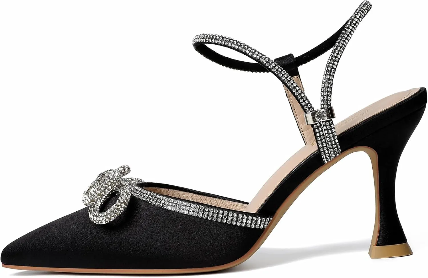 Susanny Women's Closed Toe Rhinstone Wedding Low Heel Slingback Clear Kitten Heels,Adjustable Strap Pointed Toe Bow Pumps High Heeled Prom Dress Shoes