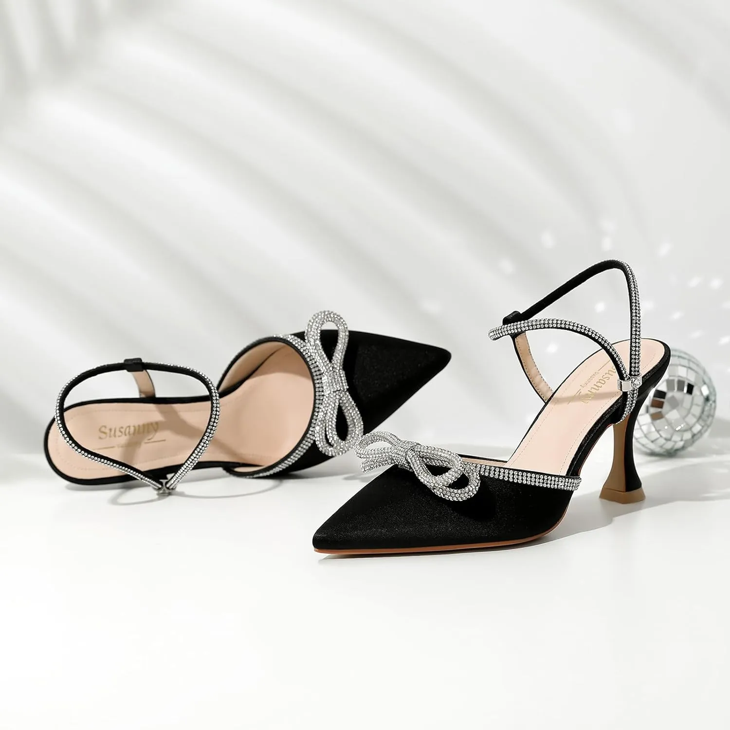 Susanny Women's Closed Toe Rhinstone Wedding Low Heel Slingback Clear Kitten Heels,Adjustable Strap Pointed Toe Bow Pumps High Heeled Prom Dress Shoes